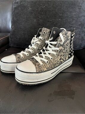 Rock And Candy Platform Sneakers in Black & White Snakeskin with studded panels